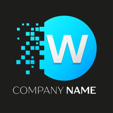 Gerçekçi harf W vektör logo sembol siyah arka plan üzerine parçalanmış bloklarla renkli daire içinde. Piksel hareket. Tasarımınız için vektör şablonu