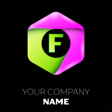 F harfi vektör logo simge renkli siyah arka plan üzerine altıgen. Tasarımınız için vektör şablonu