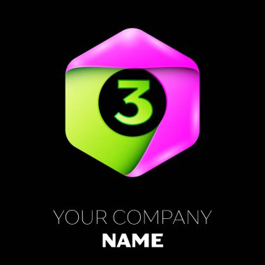 Üç numaralı vektör logo simge renkli siyah arka plan üzerine altıgen. Tasarımınız için vektör şablonu