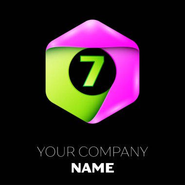 Yedi numaralı vektör logo simge renkli siyah arka plan üzerine altıgen. Tasarımınız için vektör şablonu