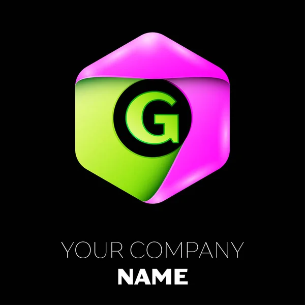 Bokstaven G vektor logotypen symbol i färgglada sexkantiga på svart bakgrund. Vector mall för din design — Stock vektor