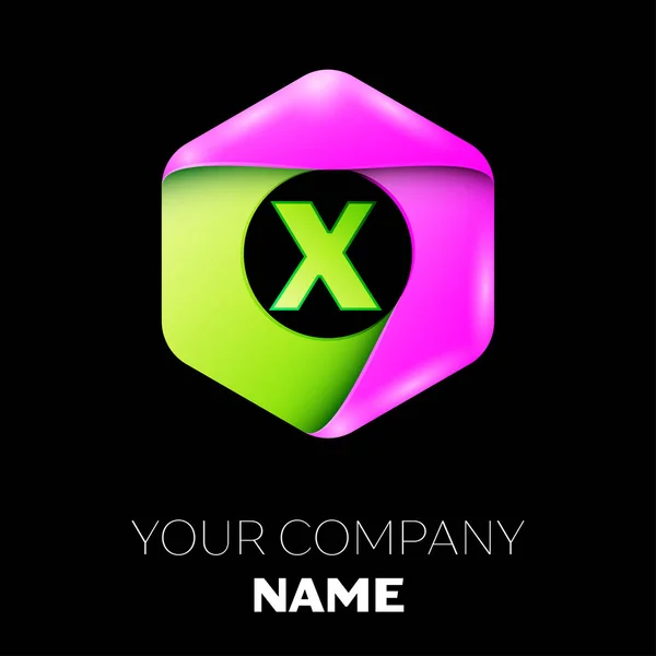 Letter X vector logo symbol in the colorful hexagonal on black background. Vector template for your design — Stock Vector