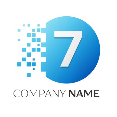 Gerçekçi numara yedi vektör logo sembol ile beyaz arka plan üzerinde paramparça blok renkli daire içinde. Piksel hareket. Tasarımınız için vektör şablonu