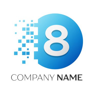 Gerçekçi sayısı sekiz vektör logo sembol ile beyaz arka plan üzerinde paramparça blok renkli daire içinde. Piksel hareket. Tasarımınız için vektör şablonu