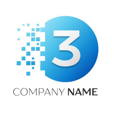 Gerçekçi üç numaralı vektör logo sembol ile beyaz arka plan üzerinde paramparça blok renkli daire içinde. Piksel hareket. Tasarımınız için vektör şablonu