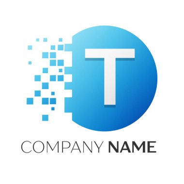 Gerçekçi mektup T vektör logo sembol ile beyaz arka plan üzerinde paramparça blok renkli daire içinde. Tasarımınız için vektör şablonu