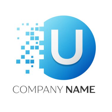Gerçekçi harf U vektör logo sembol ile beyaz arka plan üzerinde paramparça blok renkli daire içinde. Tasarımınız için vektör şablonu