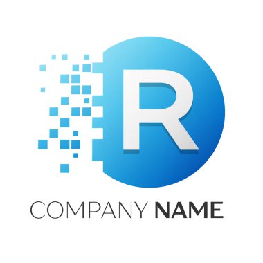 Gerçekçi harf R vektör logo sembol ile beyaz arka plan üzerinde paramparça blok renkli daire içinde. Tasarımınız için vektör şablonu