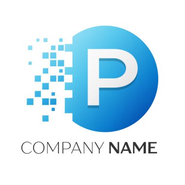 Gerçekçi harf P vektör logo sembol ile beyaz arka plan üzerinde paramparça blok renkli daire içinde. Tasarımınız için vektör şablonu