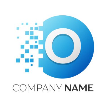 Gerçekçi harf O vektör logo sembol ile beyaz arka plan üzerinde paramparça blok renkli daire içinde. Tasarımınız için vektör şablonu