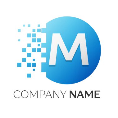 Gerçekçi harf M vektör logo sembol ile beyaz arka plan üzerinde paramparça blok renkli daire içinde. Tasarımınız için vektör şablonu
