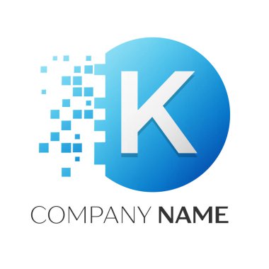 Gerçekçi harf K vektör logo sembol ile beyaz arka plan üzerinde paramparça blok renkli daire içinde. Tasarımınız için vektör şablonu