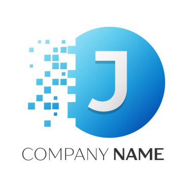 Gerçekçi harf J vektör logo sembol ile beyaz arka plan üzerinde paramparça blok renkli daire içinde. Tasarımınız için vektör şablonu