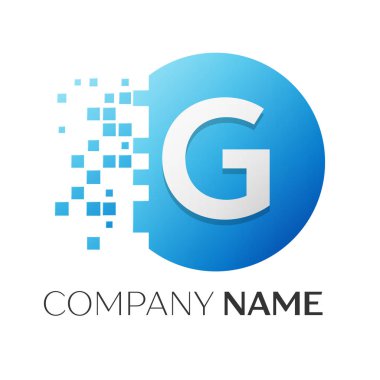 Gerçekçi harf G vektör logo sembol ile beyaz arka plan üzerinde paramparça blok renkli daire içinde. Tasarımınız için vektör şablonu