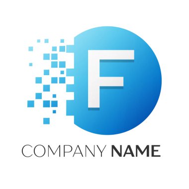 Gerçekçi harf F vektör logo sembol ile beyaz arka plan üzerinde paramparça blok renkli daire içinde. Tasarımınız için vektör şablonu