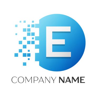 Gerçekçi harf E vektör logo sembol ile beyaz arka plan üzerinde paramparça blok renkli daire içinde. Tasarımınız için vektör şablonu