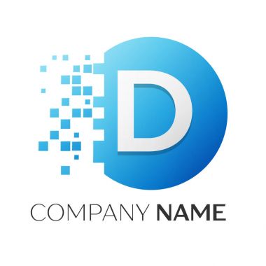 Gerçekçi harf D vektör logo sembol ile beyaz arka plan üzerinde paramparça blok renkli daire içinde. Tasarımınız için vektör şablonu