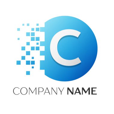 Gerçekçi harf C vektör logo sembol ile beyaz arka plan üzerinde paramparça blok renkli daire içinde. Tasarımınız için vektör şablonu