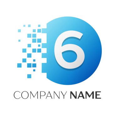 Gerçekçi altıncı vektör logo sembol ile beyaz arka plan üzerinde paramparça blok renkli daire içinde. Piksel hareket. Tasarımınız için vektör şablonu