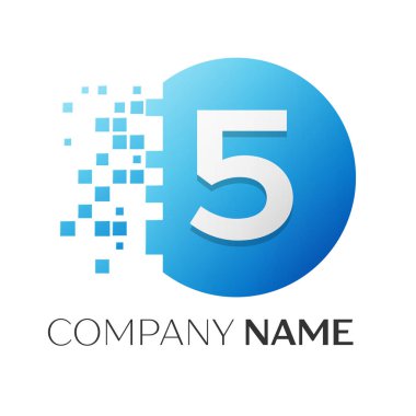 Gerçekçi beş numaralı vektör logo sembol ile beyaz arka plan üzerinde paramparça blok renkli daire içinde. Piksel hareket. Tasarımınız için vektör şablonu