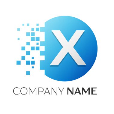 Gerçekçi harf X vektör logo sembol ile beyaz arka plan üzerinde paramparça blok renkli daire içinde. Tasarımınız için vektör şablonu
