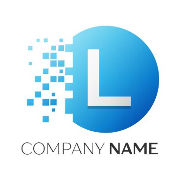 Gerçekçi harf L vektör logo sembol ile beyaz arka plan üzerinde paramparça blok renkli daire içinde. Tasarımınız için vektör şablonu