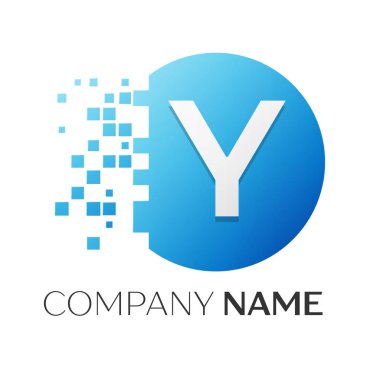 Gerçekçi harf Y vektör logo sembol ile beyaz arka plan üzerinde paramparça blok renkli daire içinde. Tasarımınız için vektör şablonu