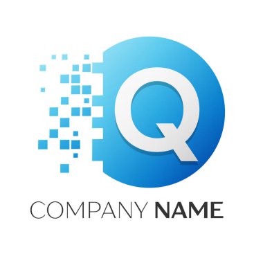 Gerçekçi harf Q vektör logo sembol ile beyaz arka plan üzerinde paramparça blok renkli daire içinde. Tasarımınız için vektör şablonu