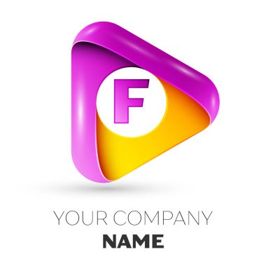 Gerçekçi harf F vektör logosu simgesi beyaz arka plan üzerinde renkli üçgen içinde. Tasarımınız için vektör şablonu