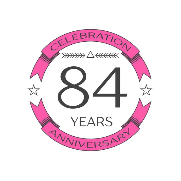 Realistic eighty four years anniversary celebration logo with ring and ribbon on white background. Vector template for your design — Stock Vector