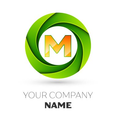 Gerçekçi mektup M vektör logosu simgesi beyaz arka plan üzerinde renkli daire içinde. Tasarımınız için vektör şablonu