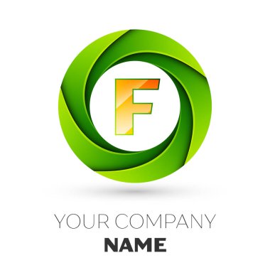 Gerçekçi harfi F vektör logosu simgesi beyaz arka plan üzerinde renkli daire içinde. Tasarımınız için vektör şablonu