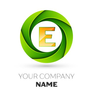 Gerçekçi harf E vektör logosu simgesi beyaz arka plan üzerinde renkli daire içinde. Tasarımınız için vektör şablonu
