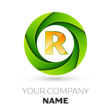 Gerçekçi harf R vektör logosu simgesi beyaz arka plan üzerinde renkli daire içinde. Tasarımınız için vektör şablonu