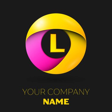 Gerçekçi harf L vektör logo sembol siyah arka plan üzerinde renkli daire içinde. Tasarımınız için vektör şablonu