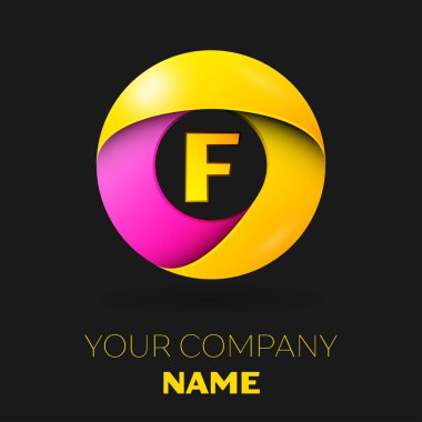Gerçekçi harf F vektör logo sembol siyah arka plan üzerinde renkli daire içinde. Tasarımınız için vektör şablonu