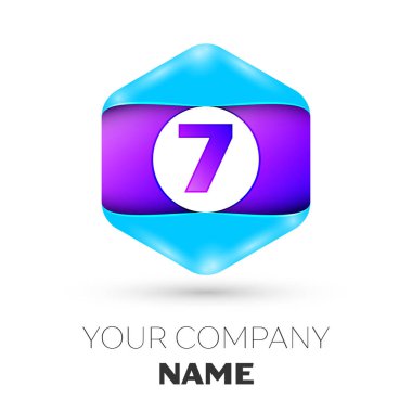 Gerçekçi yedi numaralı vektör logo simge renkli beyaz zemin üzerine altıgen. Tasarımınız için vektör şablonu