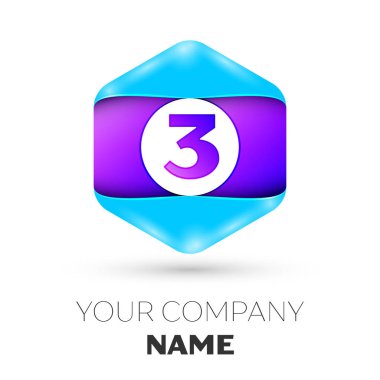Gerçekçi üç numaralı vektör logo simge renkli beyaz zemin üzerine altıgen. Tasarımınız için vektör şablonu