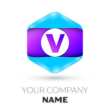 Gerçekçi harf V vektör logo simge renkli beyaz zemin üzerine altıgen. Tasarımınız için vektör şablonu