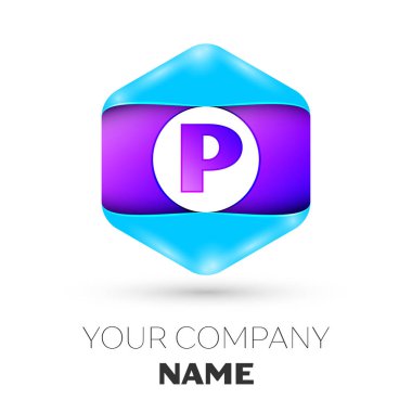 Gerçekçi harf P vektör logo simge renkli beyaz zemin üzerine altıgen. Tasarımınız için vektör şablonu
