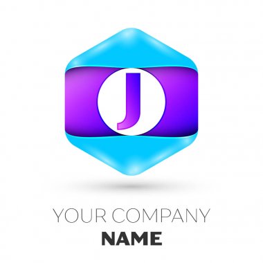 Gerçekçi harf J vektör logo simge renkli beyaz zemin üzerine altıgen. Tasarımınız için vektör şablonu