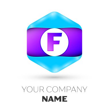 Gerçekçi harf F vektör logo simge renkli beyaz zemin üzerine altıgen. Tasarımınız için vektör şablonu