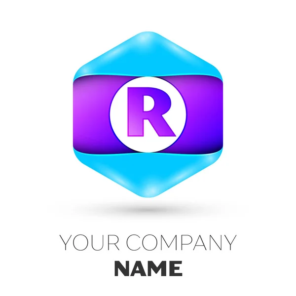 Realistic Letter R vector logo symbol in the colorful hexagonal on white background. Vector template for your design — Stock Vector