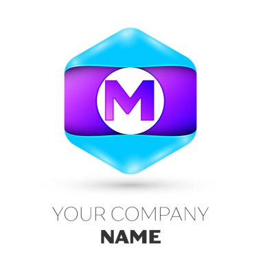 Gerçekçi harf M vektör logo simge renkli beyaz zemin üzerine altıgen. Tasarımınız için vektör şablonu
