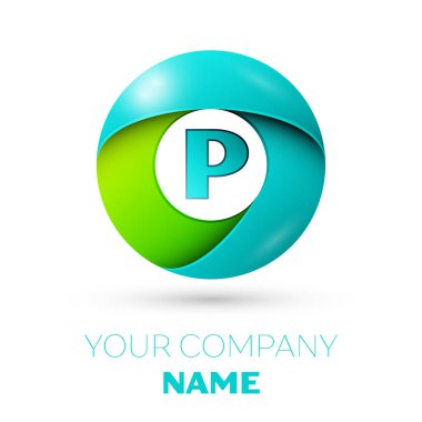 Gerçekçi mektup P beyaz arka plan üzerinde renkli daire içinde logo simge vektör. Tasarımınız için vektör şablonu