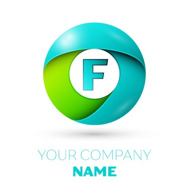 Gerçekçi harfi F vektör logosu simgesi beyaz arka plan üzerinde renkli daire içinde. Tasarımınız için vektör şablonu
