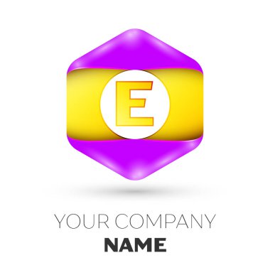 Gerçekçi harf E vektör logo simge renkli beyaz zemin üzerine altıgen. Tasarımınız için vektör şablonu