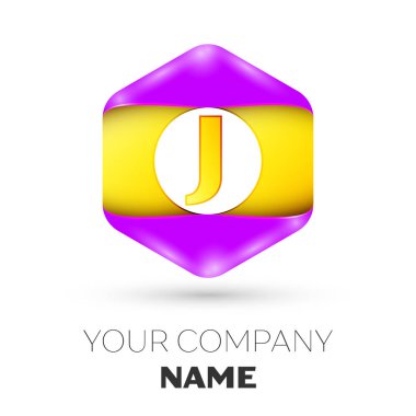 Gerçekçi harf J vektör logo simge renkli beyaz zemin üzerine altıgen. Tasarımınız için vektör şablonu