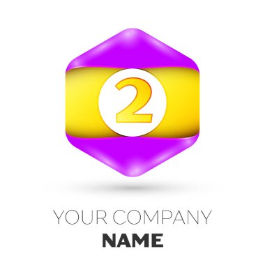 Gerçekçi iki numaralı vektör logo simge renkli beyaz zemin üzerine altıgen. Tasarımınız için vektör şablonu