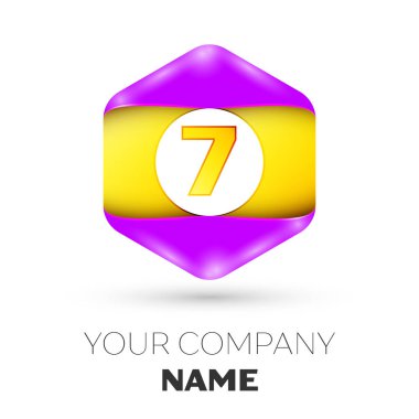 Gerçekçi yedi numaralı vektör logo simge renkli beyaz zemin üzerine altıgen. Tasarımınız için vektör şablonu
